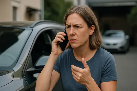 Persona reclamando a su aseguradora por teléfono junto a su coche
