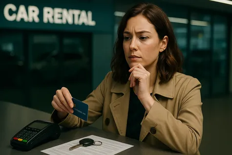 Mujer con expresión pensativa pagando con tarjeta en un mostrador de alquiler de coches, simbolizando el precio y el coste de un vehículo de sustitución.