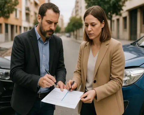 Dos conductores rellenando un parte amistoso de accidente sobre el capó de un coche, simbolizando el primer paso para solicitar un coche de sustitución por accidente.