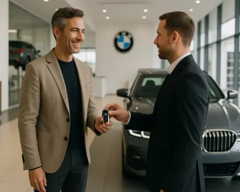 Hombre elegante recibiendo las llaves de un BMW nuevo como coche de sustitución en un concesionario oficial, simbolizando un servicio premium a la altura de la marca.