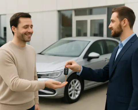 Cliente recibiendo llaves de coche de sustitución de su agente de seguros.