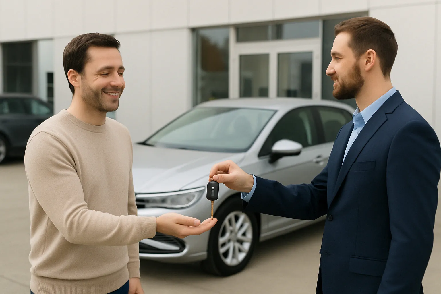 Cliente recibiendo llaves de coche de sustitución de su agente de seguros.