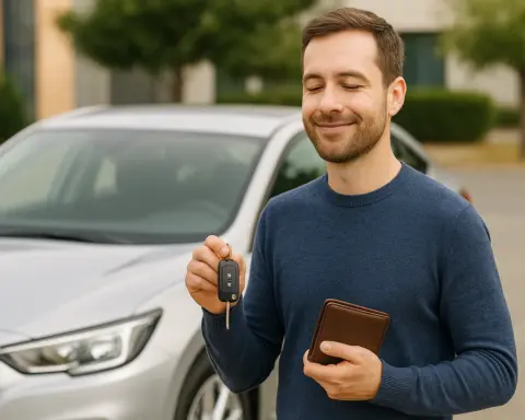 Conductor y coche de sustitución. La cartera y su cara de alivio implican un seguro barato.
