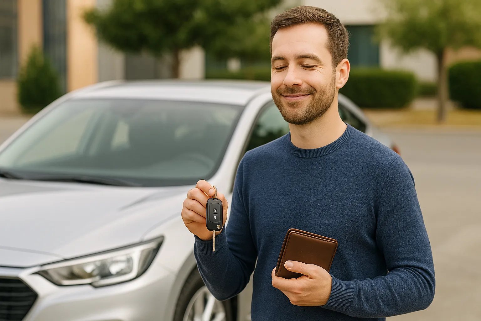 Conductor y coche de sustitución. La cartera y su cara de alivio implican un seguro barato.