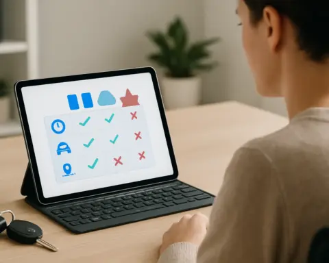 Persona comparando condiciones coche sustitución (tabla iconos en pantalla).