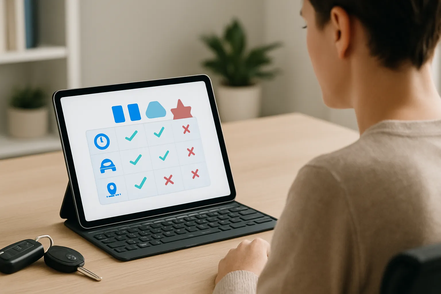 Persona comparando condiciones coche sustitución (tabla iconos en pantalla).