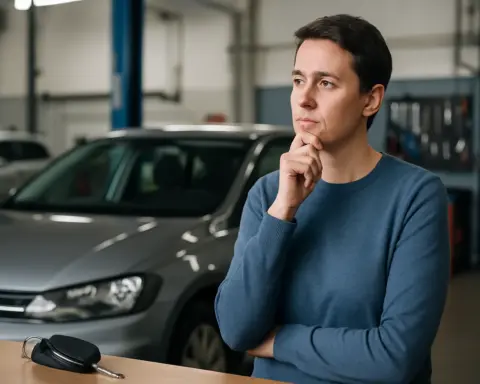 Cliente reflexivo en taller con su coche, considerando opciones/coberturas del seguro.