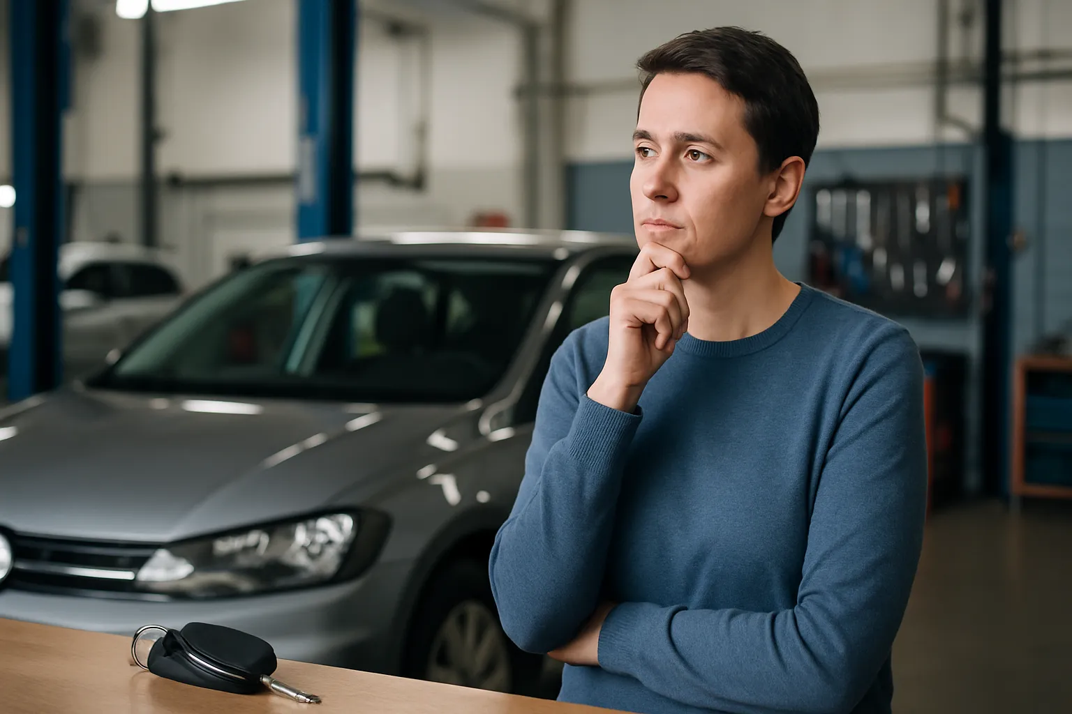 Cliente reflexivo en taller con su coche, considerando opciones/coberturas del seguro.