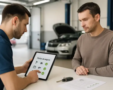 Agente en taller verificando requisitos con cliente y coche en reparación al fondo.