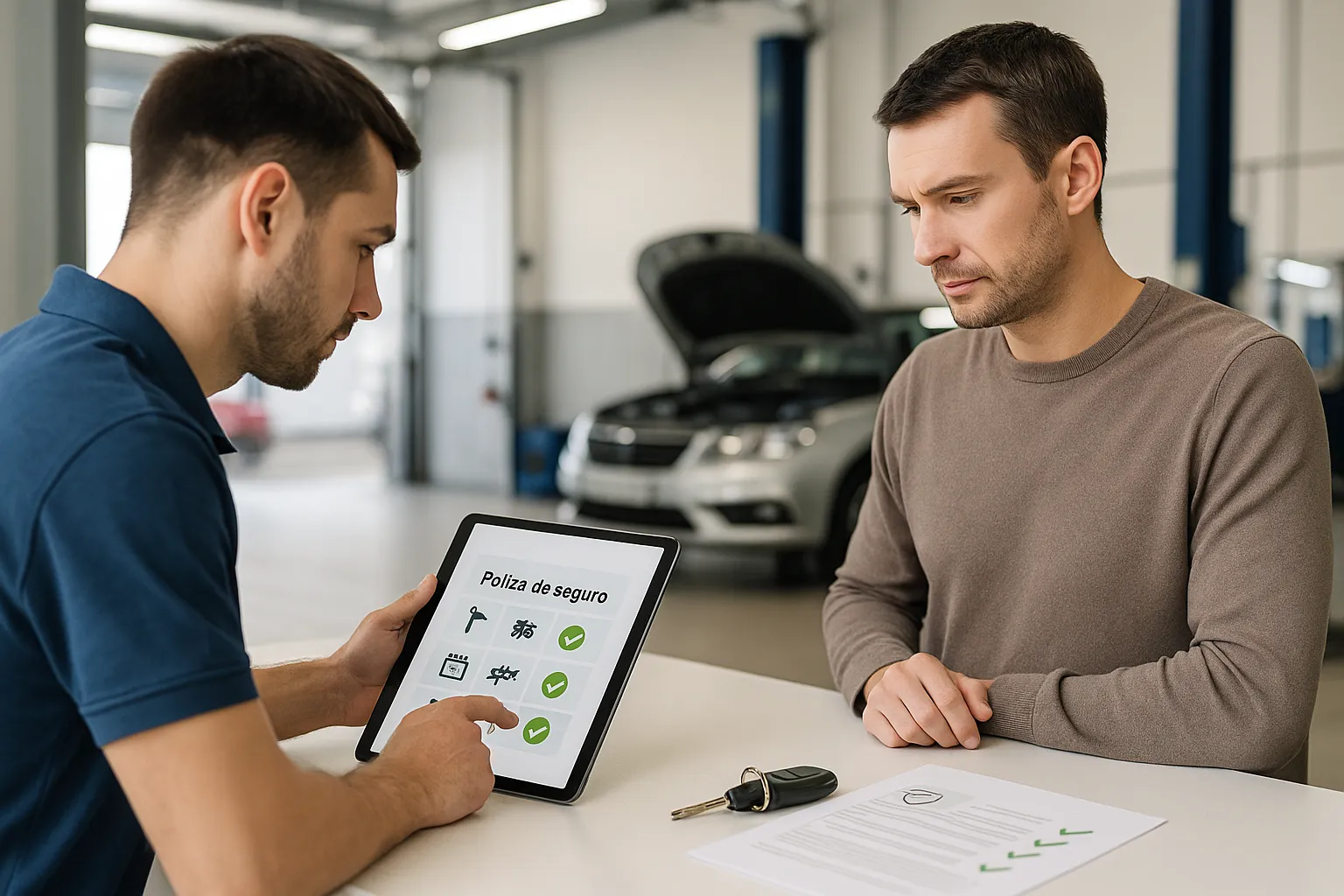 Agente en taller verificando requisitos con cliente y coche en reparación al fondo.