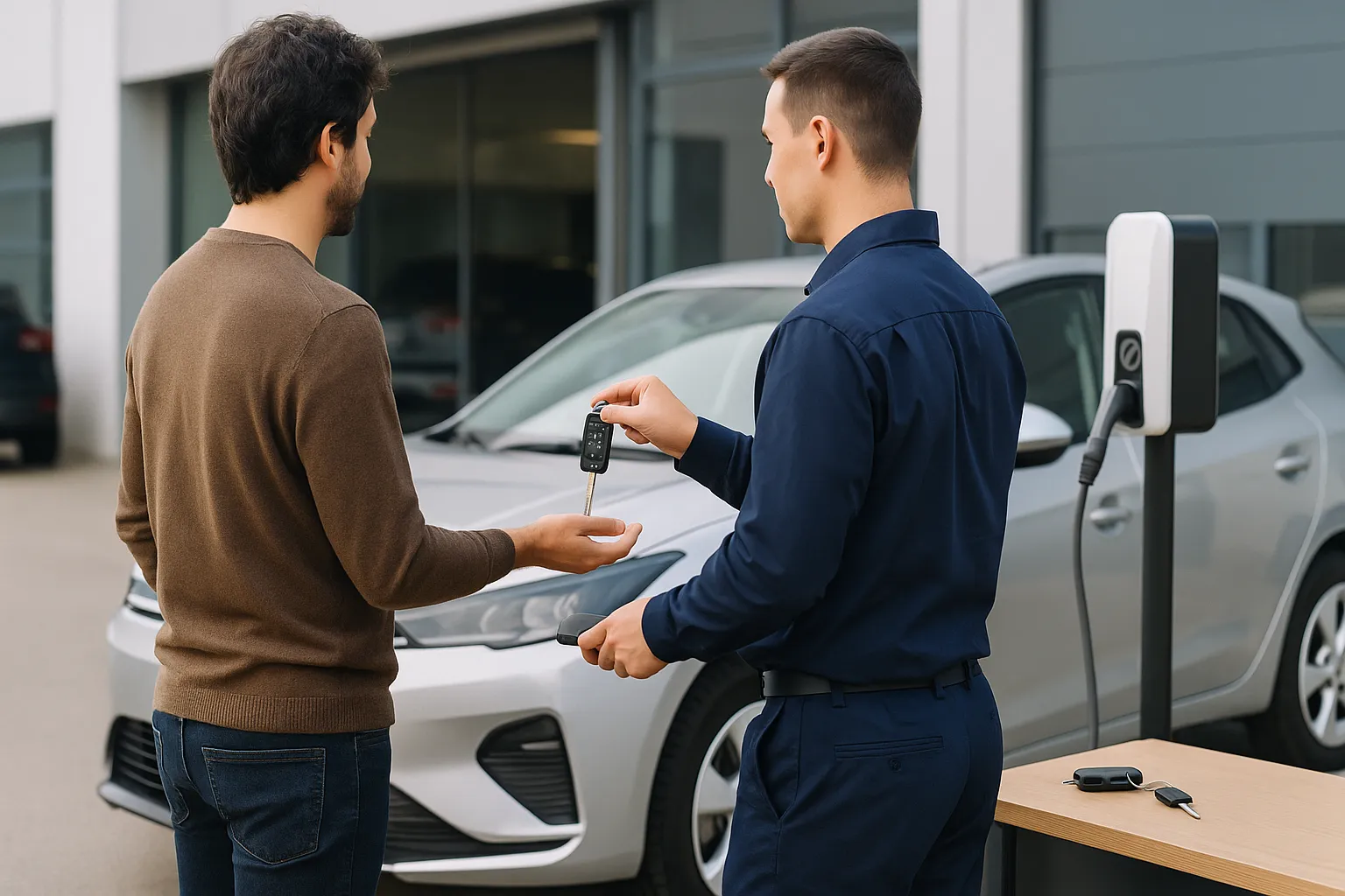 Cliente recibe llaves de coche eléctrico sustitución junto a punto de carga.