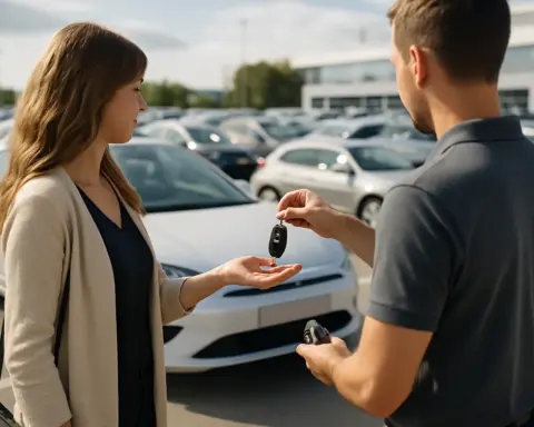 Profesional entrega llaves de coche sustitución a clienta con vehículo renting