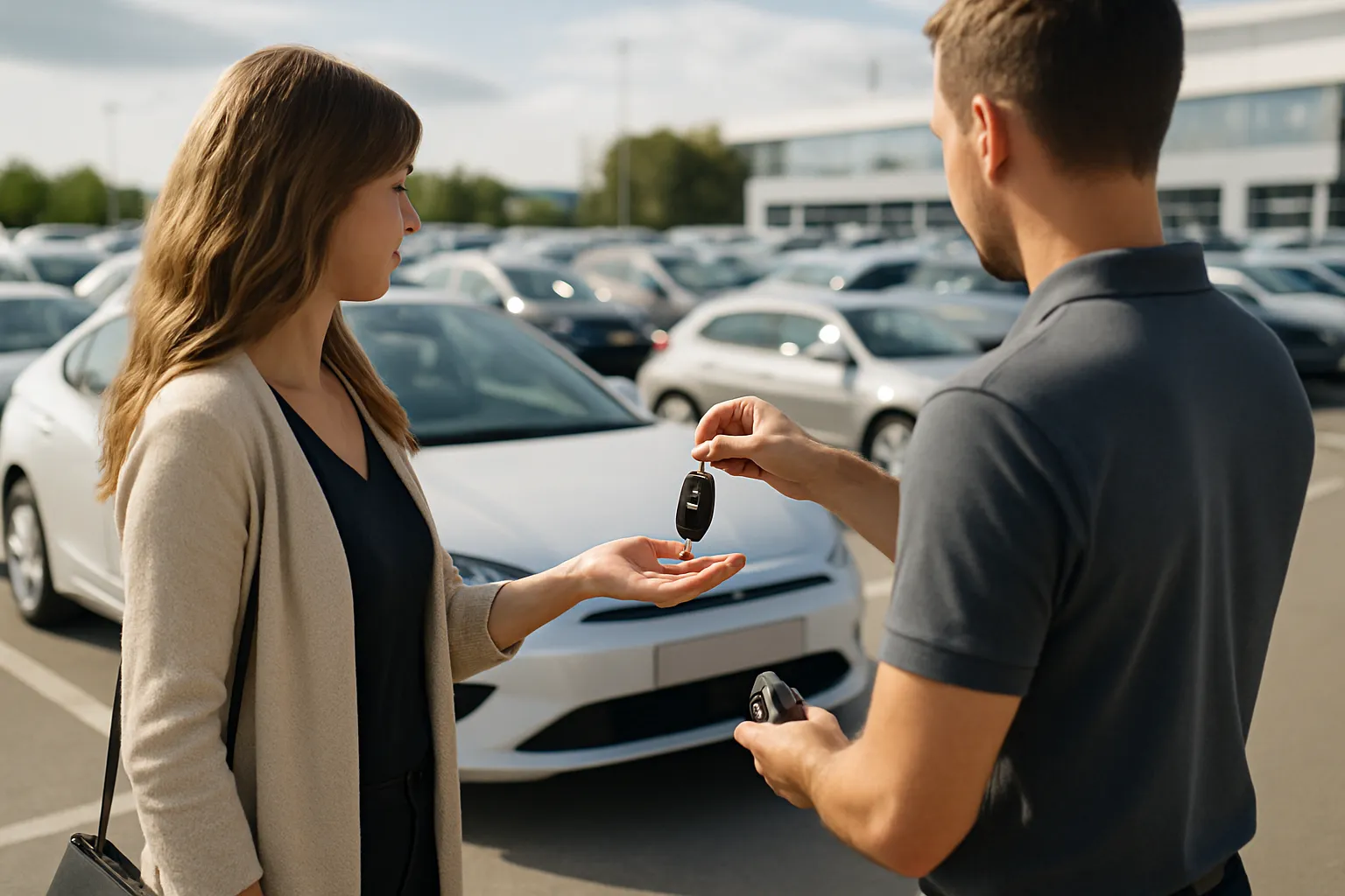 Profesional entrega llaves de coche sustitución a clienta con vehículo renting