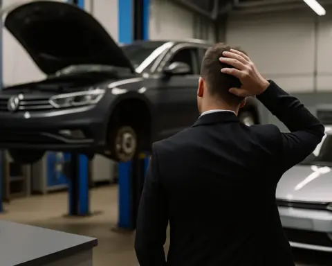 Conductor preocupado en un taller junto a su vehículo VTC en reparación.