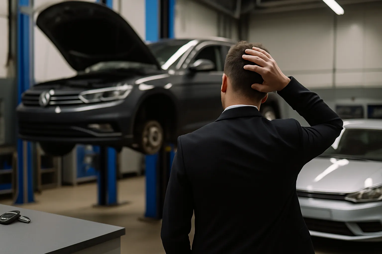 Conductor preocupado en un taller junto a su vehículo VTC en reparación.