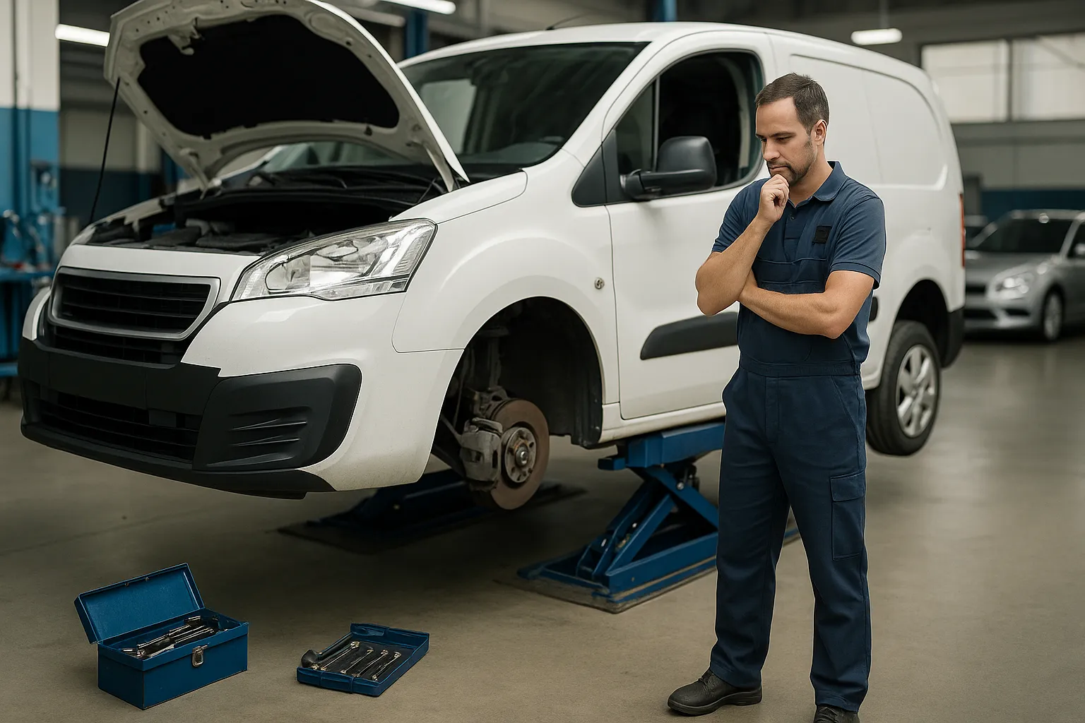 Autónomo (fontanero/electricista) preocupado junto a furgoneta en taller (trabajo parado).