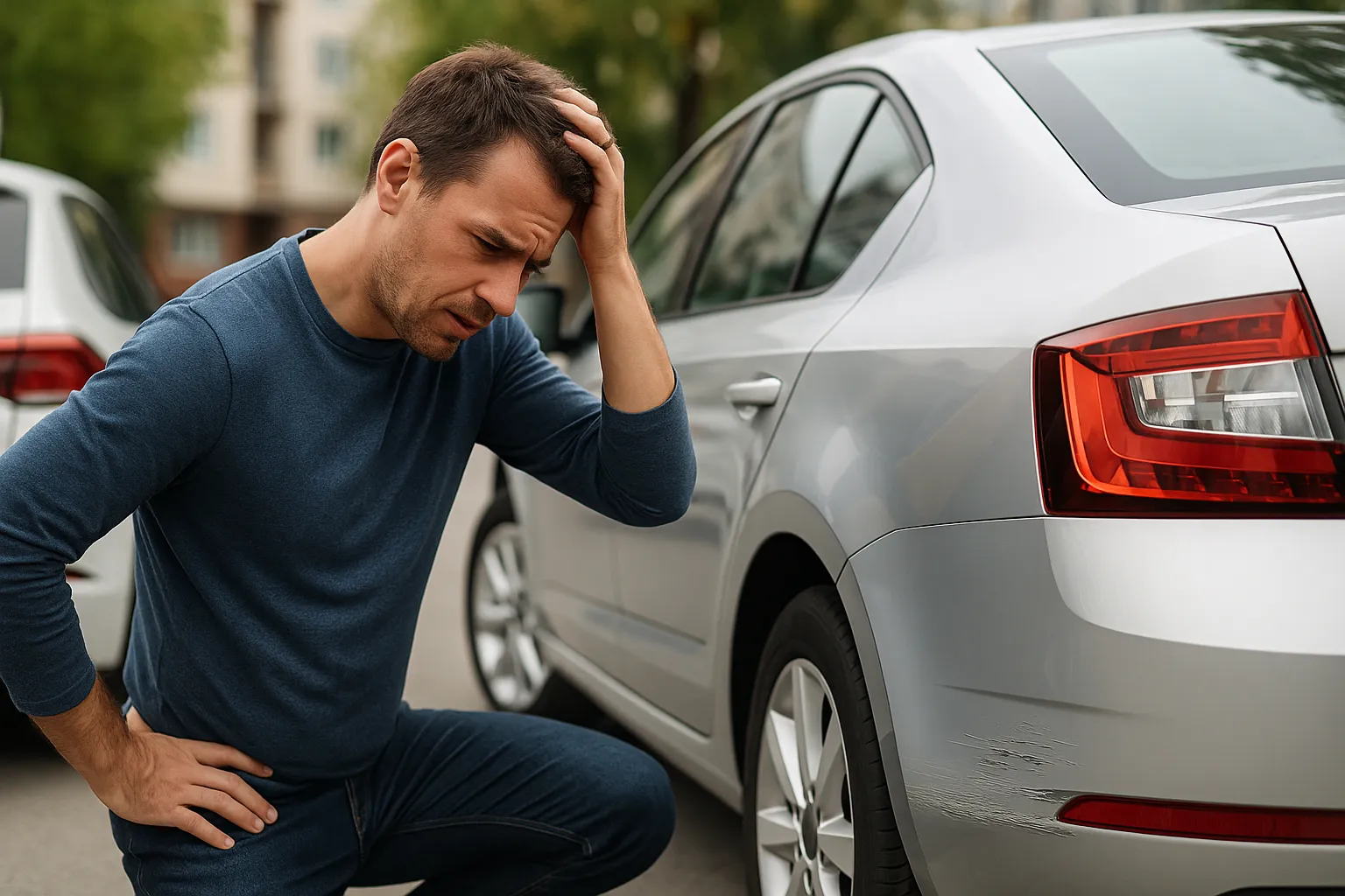 Conductor preocupado inspecciona daño leve (arañazo/bollo) en coche sustitución.