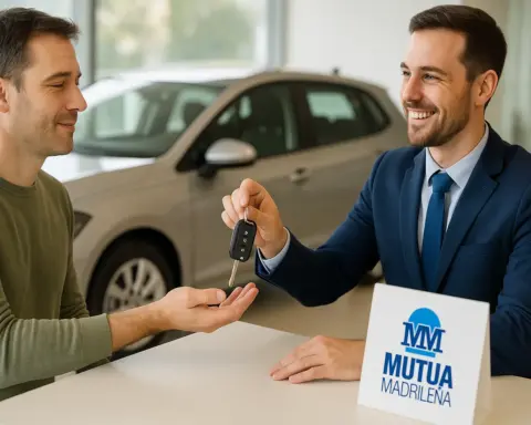 Cliente recibe su coche de sustitución de manos de un agente de Mutua Madrileña