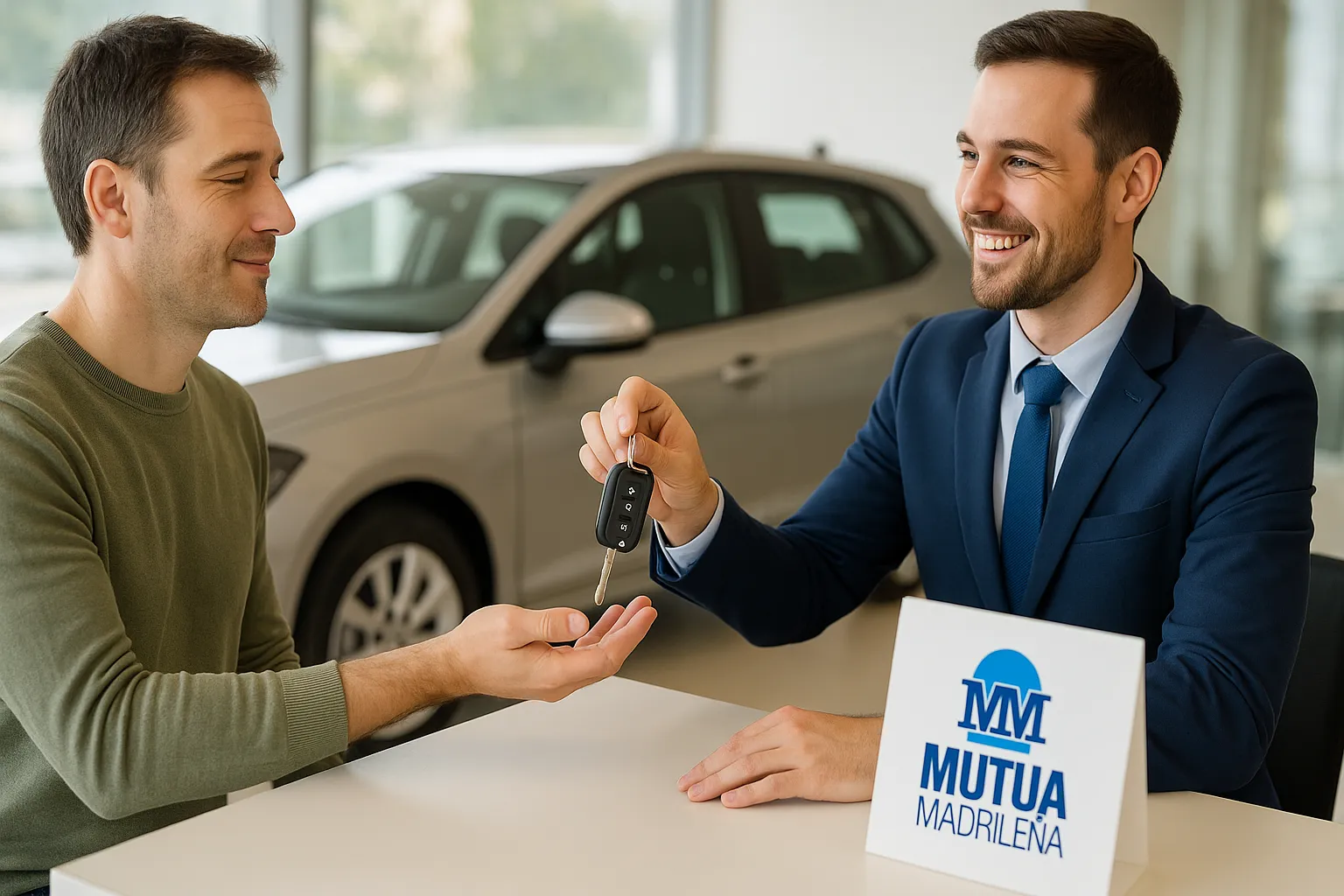 Cliente recibe su coche de sustitución de manos de un agente de Mutua Madrileña