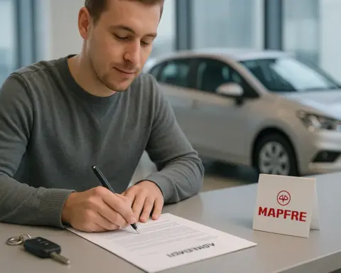 Persona gestionando la recogida de un coche de sustitución Mapfre en una oficina de alquiler.