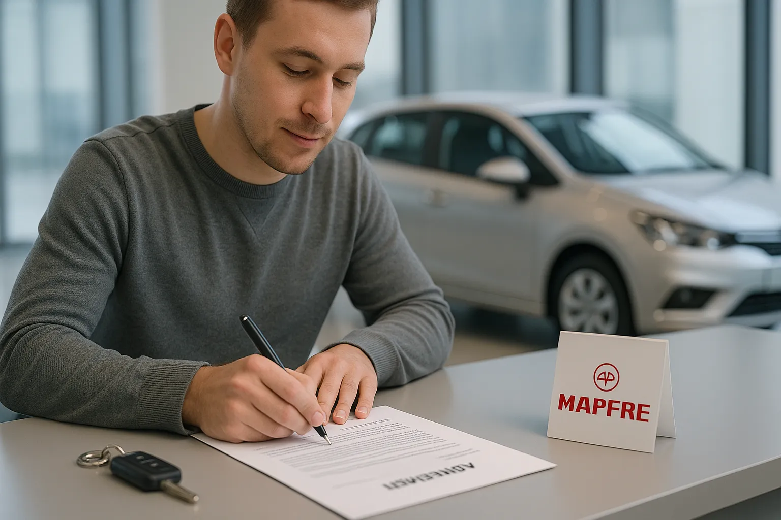 Persona gestionando la recogida de un coche de sustitución Mapfre en una oficina de alquiler.