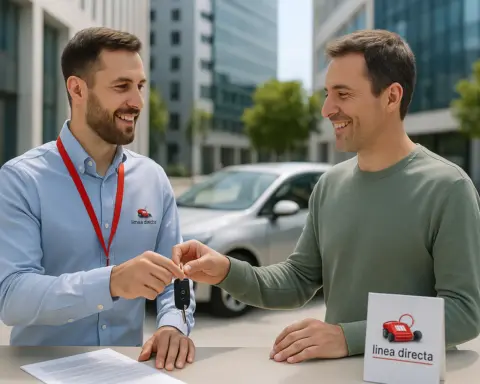 Cliente recibe coche de sustitución de Línea Directa con asesor sonriente.