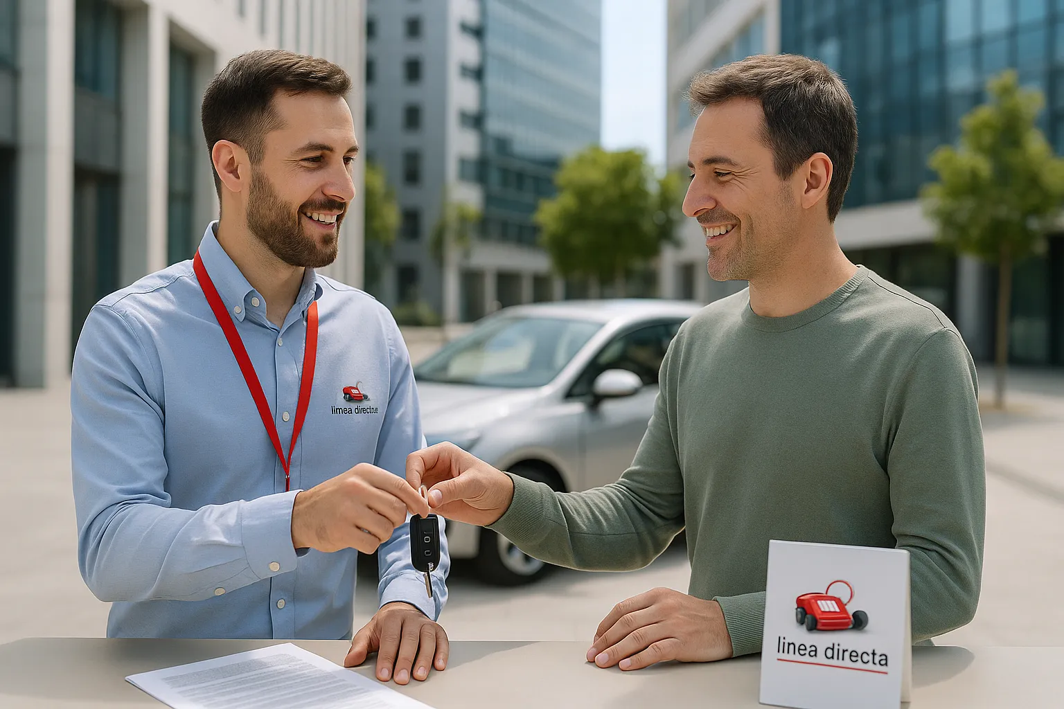 Cliente recibe coche de sustitución de Línea Directa con asesor sonriente.