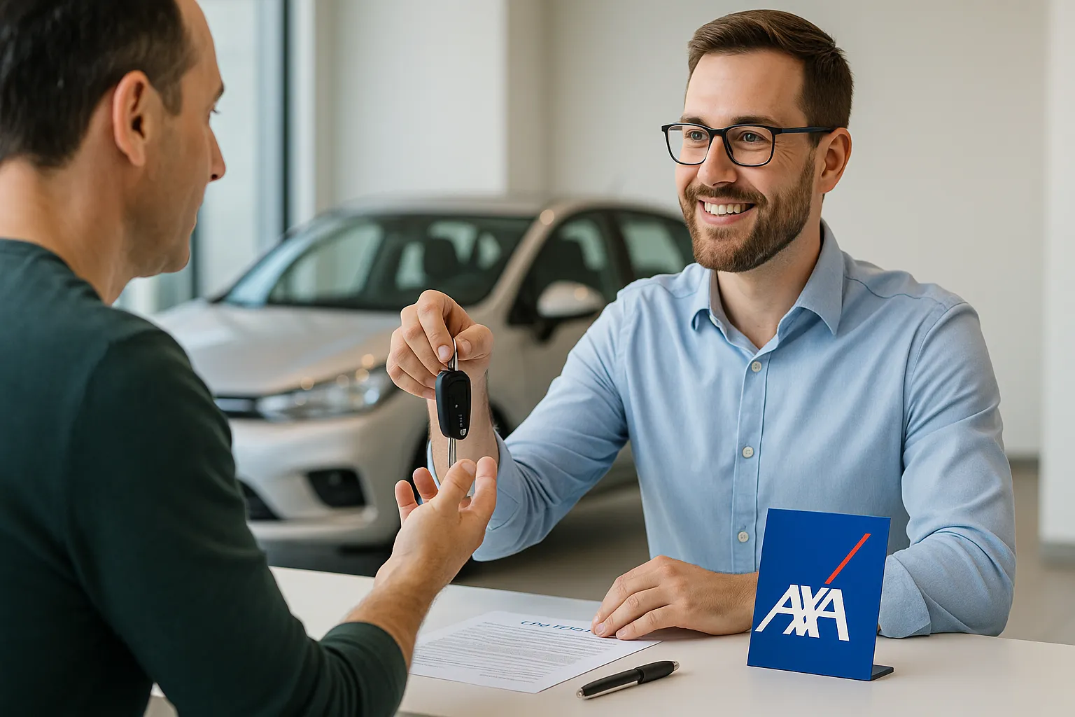 Entrega de llaves de coche de sustitución AXA en mostrador de alquiler.