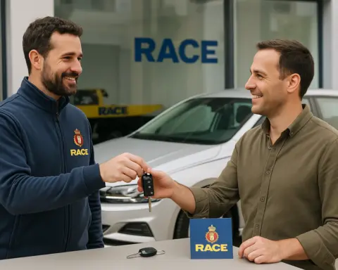 Socio del RACE recibe coche de sustitución. Al fondo se ve una grúa del club automovilístico.