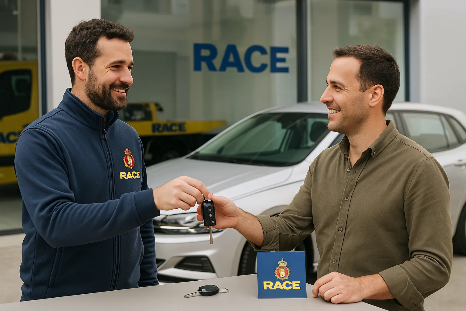 Socio del RACE recibe coche de sustitución. Al fondo se ve una grúa del club automovilístico.