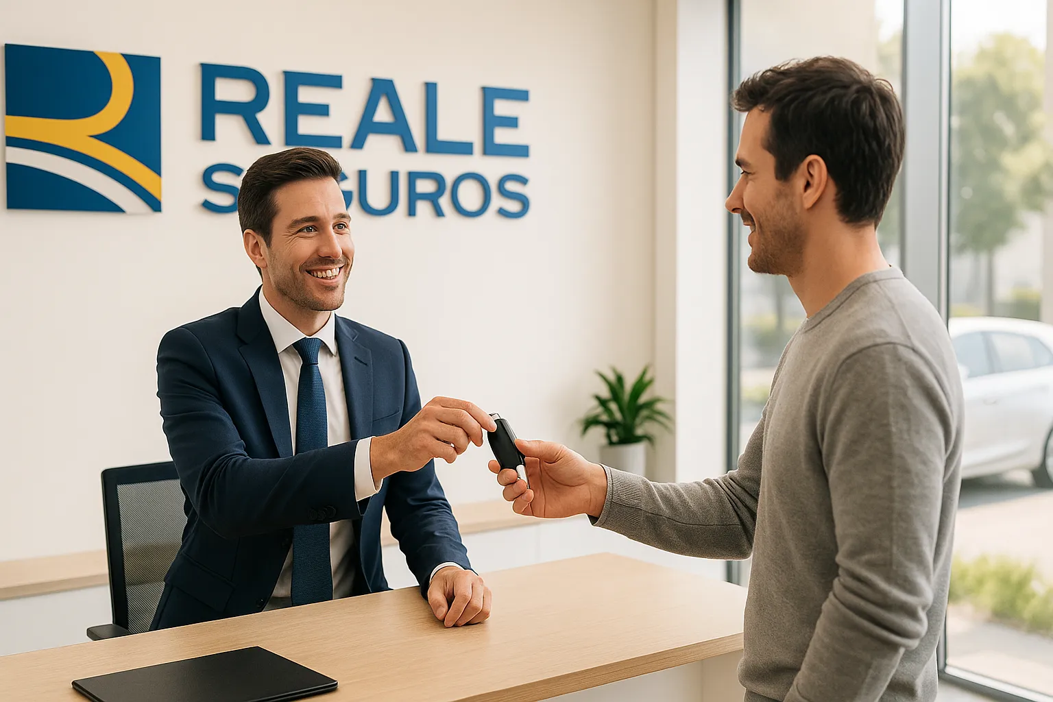 Entrega de llaves de coche de sustitución en oficina de Reale Seguros.