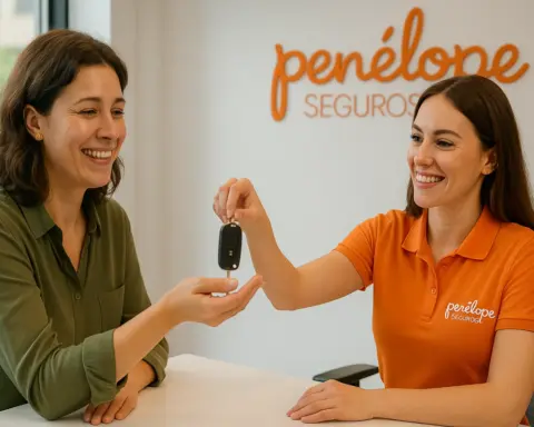 Trabajadora de Penélope Seguros entrega llaves de coche de sustitución a clienta.