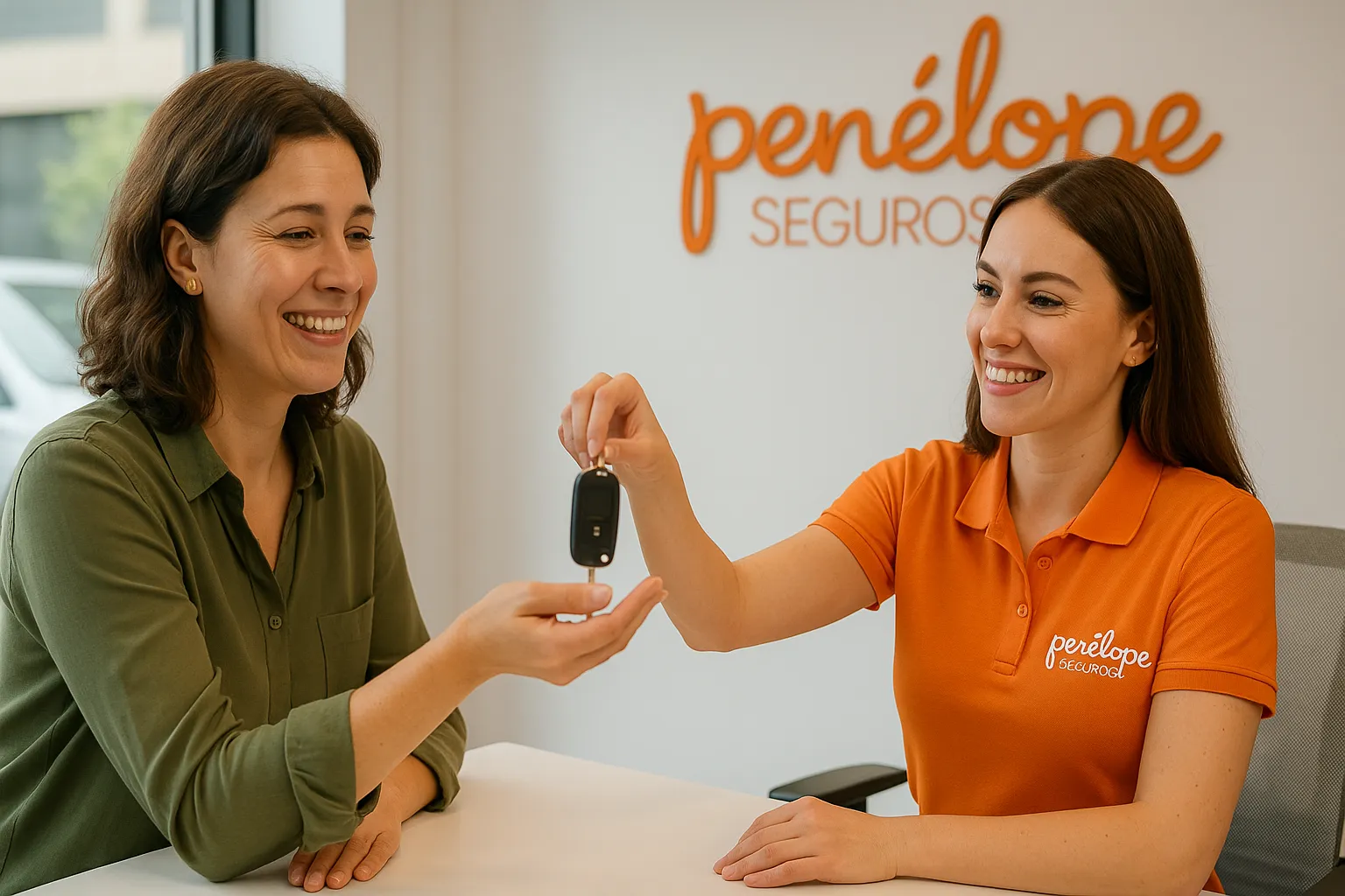 Trabajadora de Penélope Seguros entrega llaves de coche de sustitución a clienta.