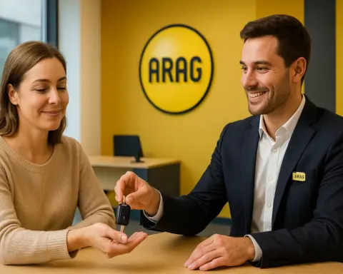 Trabajador de Arag entrega llaves de vehículo de sustitución a clienta.