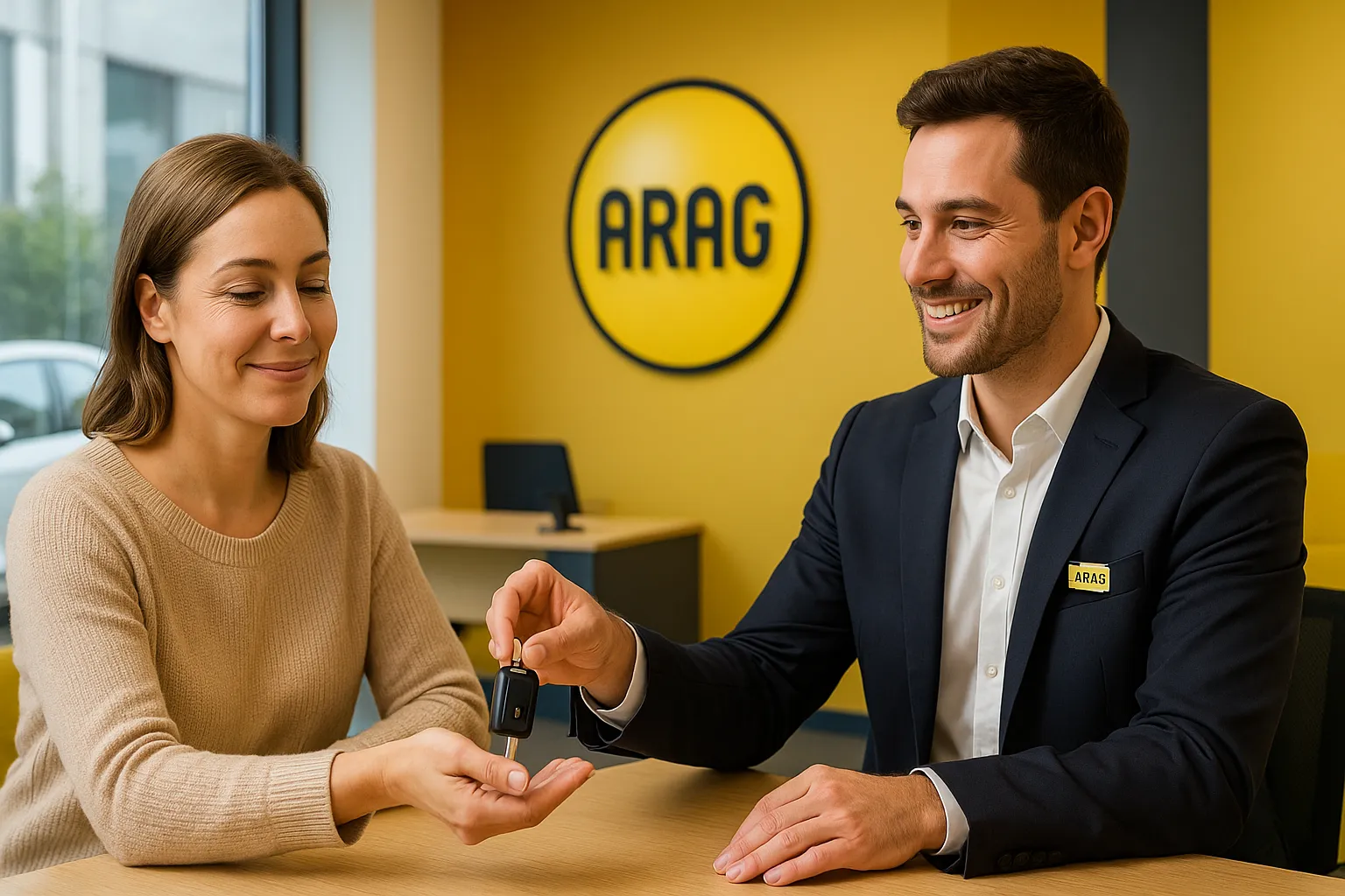 Trabajador de Arag entrega llaves de vehículo de sustitución a clienta.