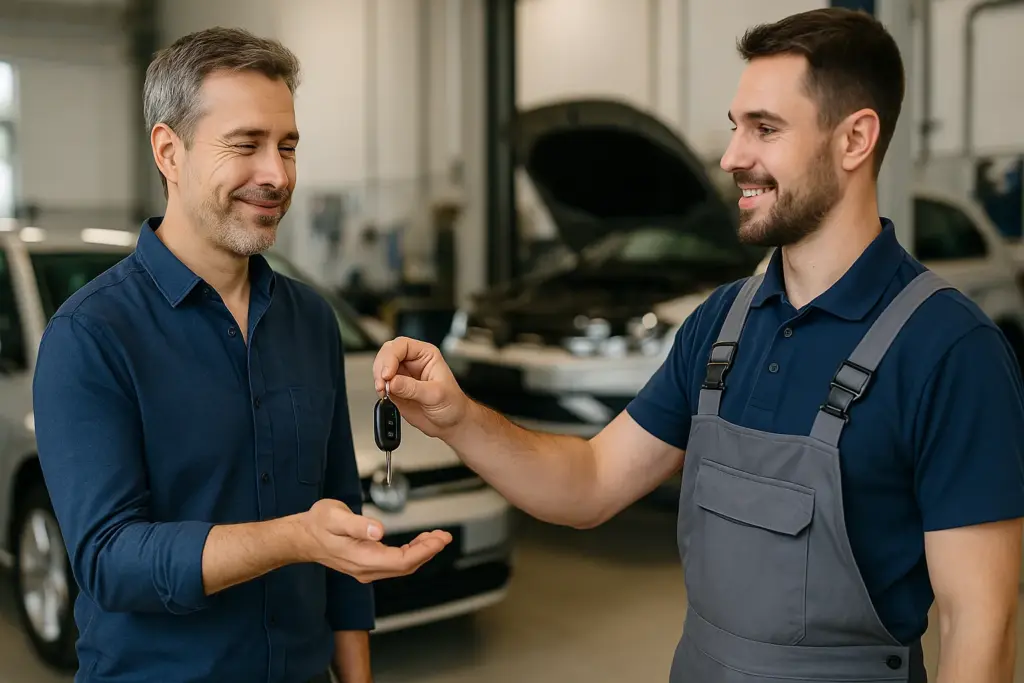 Hombre recibe las llaves de un coche de sustitución en un taller, con su coche averiado al fondo