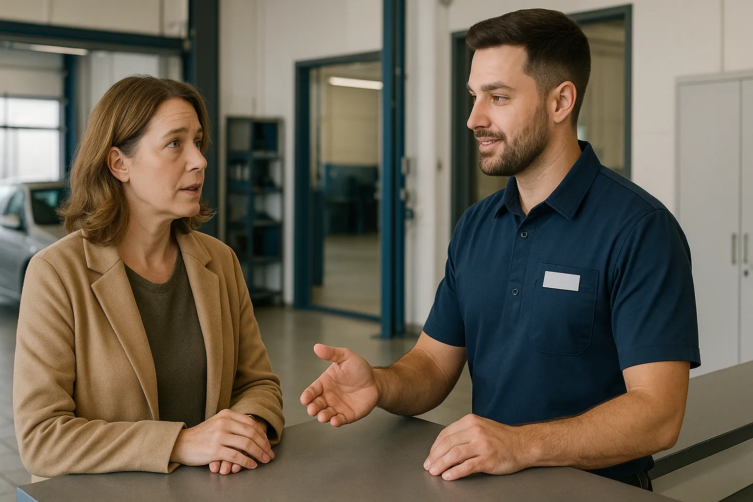Clienta consultando sobre el coche de sustitución en la recepción de un taller mecánico.