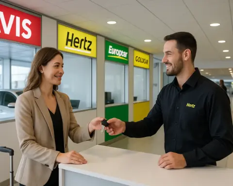 Mujer alquilando un coche en un mostrador de una compañía de alquiler en una terminal de viajes.