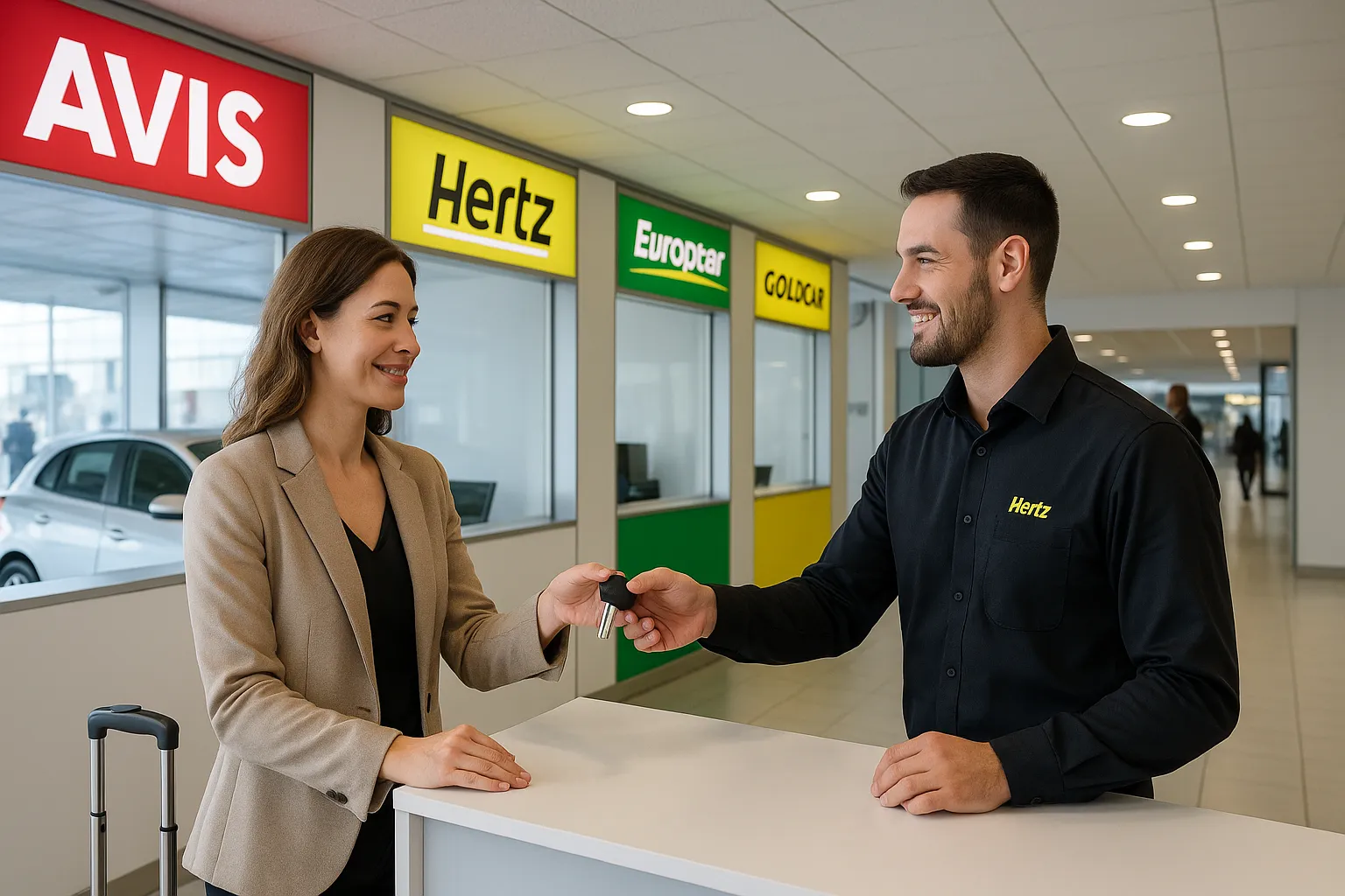 Mujer alquilando un coche en un mostrador de una compañía de alquiler en una terminal de viajes.