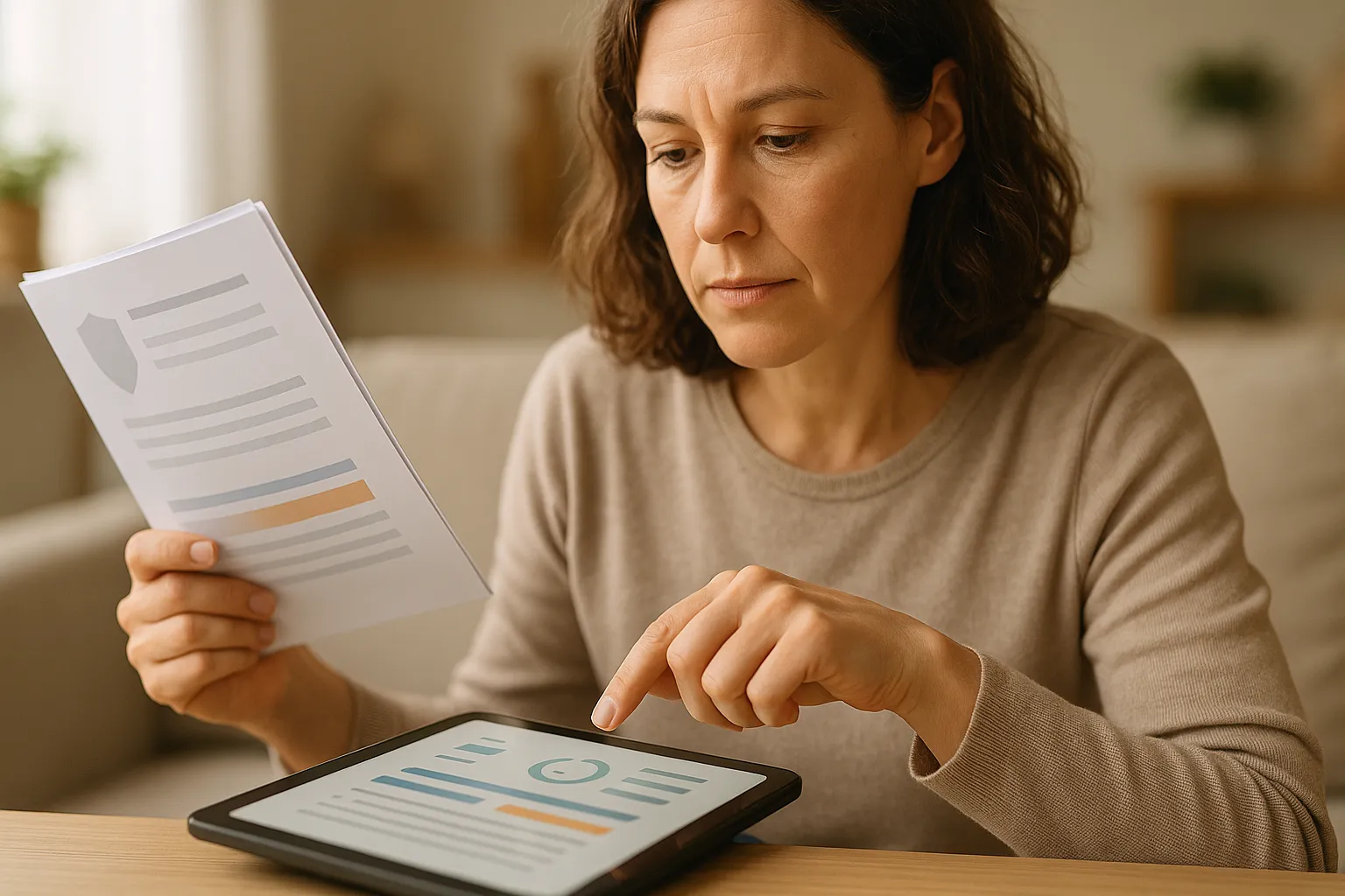 Mujer consultando documentos y una tablet en casa para verificar su seguro.