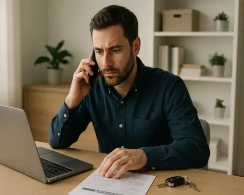 Hombre organizado en su escritorio, hablando por teléfono con los papeles del seguro, simbolizando el proceso paso a paso para solicitar un coche de sustitución.