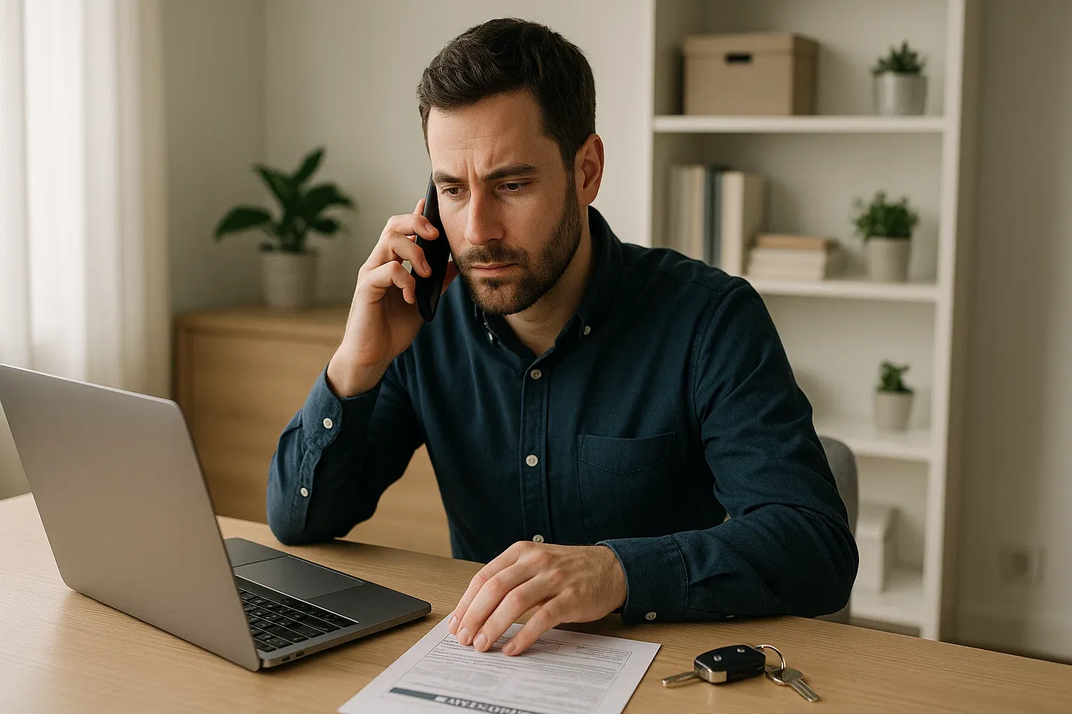 Hombre organizado en su escritorio, hablando por teléfono con los papeles del seguro, simbolizando el proceso paso a paso para solicitar un coche de sustitución.