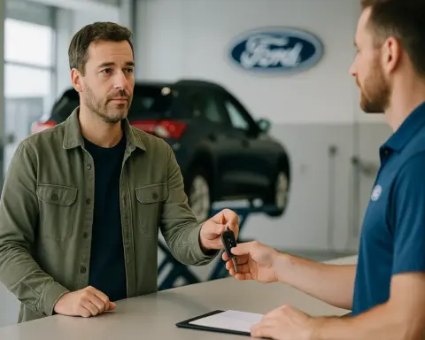 Hombre entregando las llaves de su Ford en un taller oficial, simbolizando el momento en que un propietario necesita un coche de sustitución.