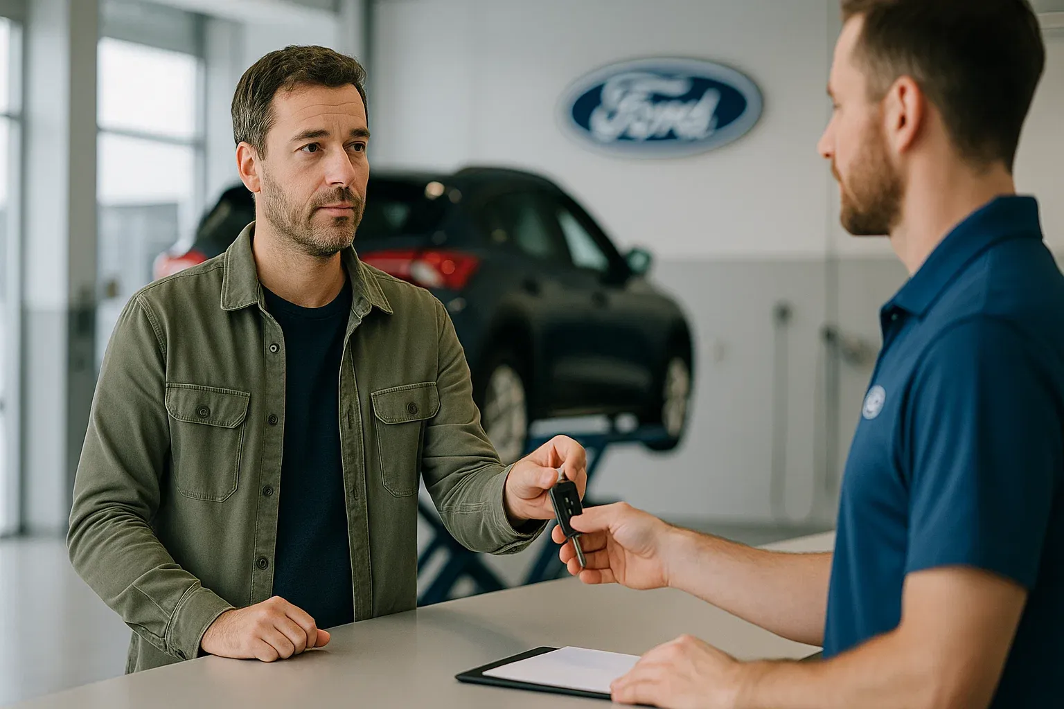 Hombre entregando las llaves de su Ford en un taller oficial, simbolizando el momento en que un propietario necesita un coche de sustitución.