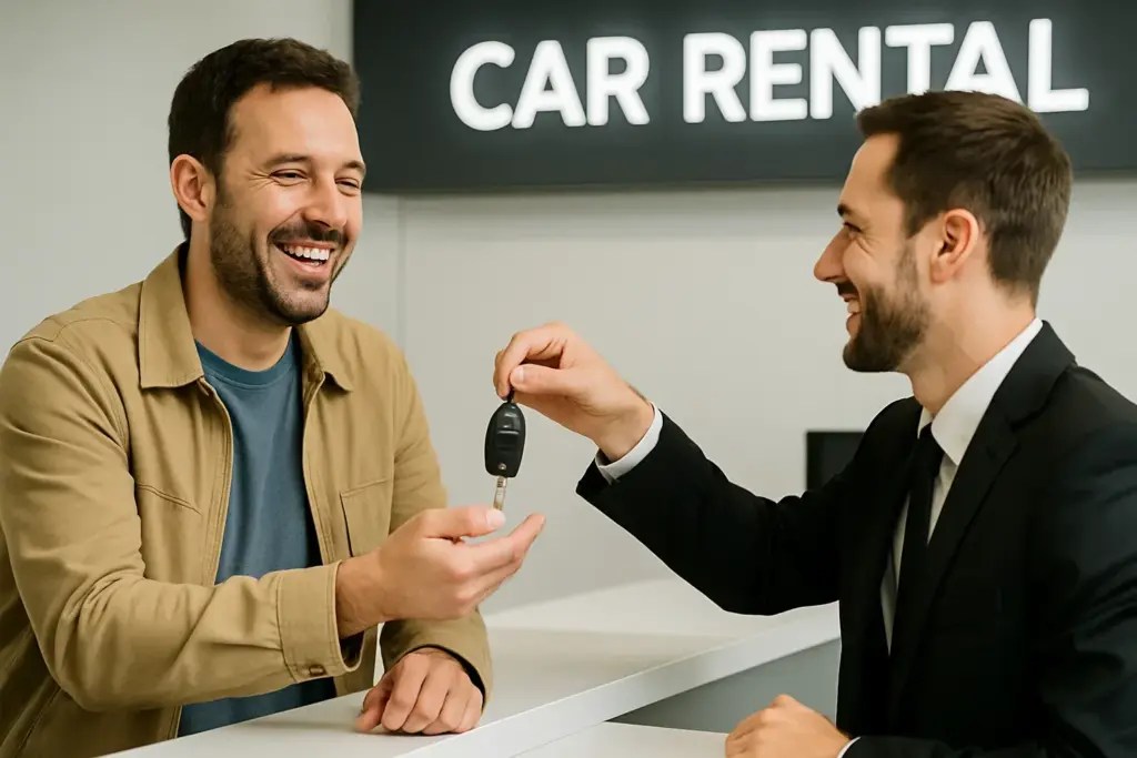Cliente sonriendo al recibir las llaves de un coche de sustitución en un mostrador de alquiler, simbolizando la obtención de un vehículo gratuito.