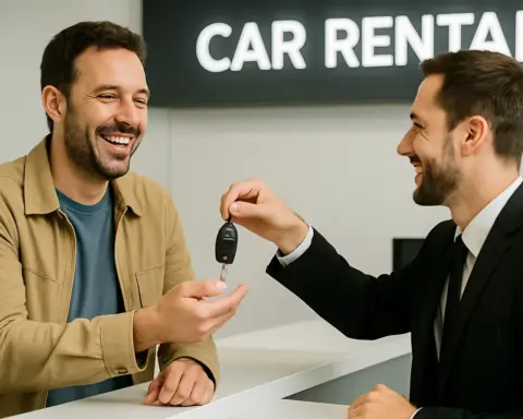Cliente sonriendo al recibir las llaves de un coche de sustitución en un mostrador de alquiler, simbolizando la obtención de un vehículo gratuito.