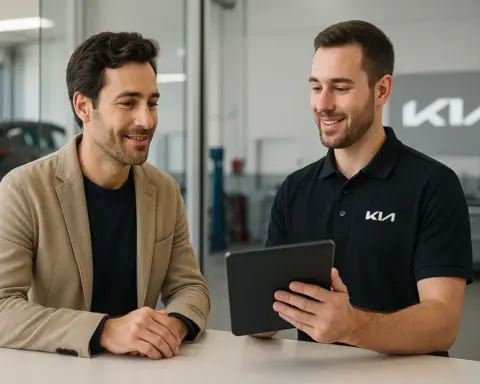 Propietario de un Kia hablando con un asesor en un taller oficial, simbolizando la confianza en la garantía de la marca para obtener un coche de sustitución.