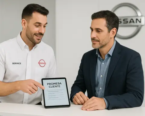 Asesor de Nissan explicando la Promesa Cliente a un cliente en un taller oficial, simbolizando la transparencia del servicio de coche de sustitución.