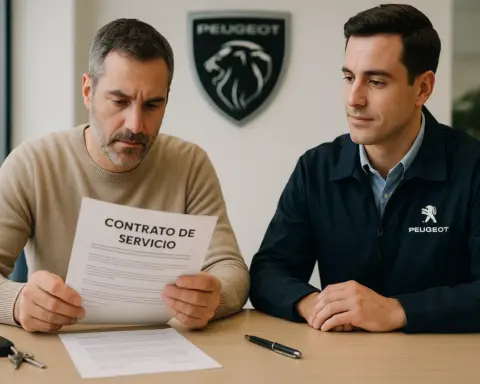 Cliente revisando un Contrato de Servicio con un asesor en un taller oficial Peugeot, simbolizando la opción de pago para obtener un coche de sustitución.