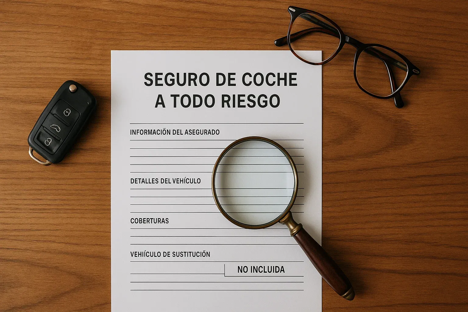 Vista cenital de una póliza de seguro a todo riesgo con una lupa encima, resaltando la ausencia de la cobertura de coche de sustitución y simbolizando la necesidad de revisar los detalles.